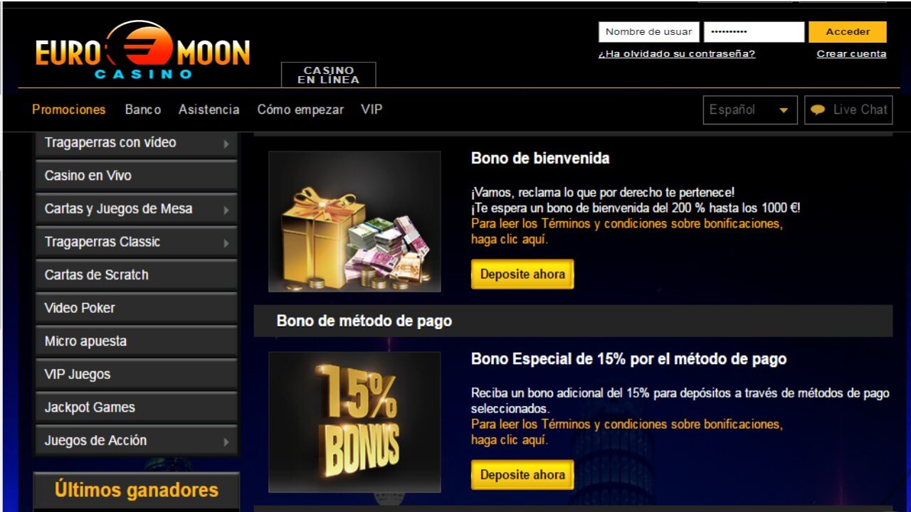 Bonificación 15% por método de ingreso Casino Euromoon